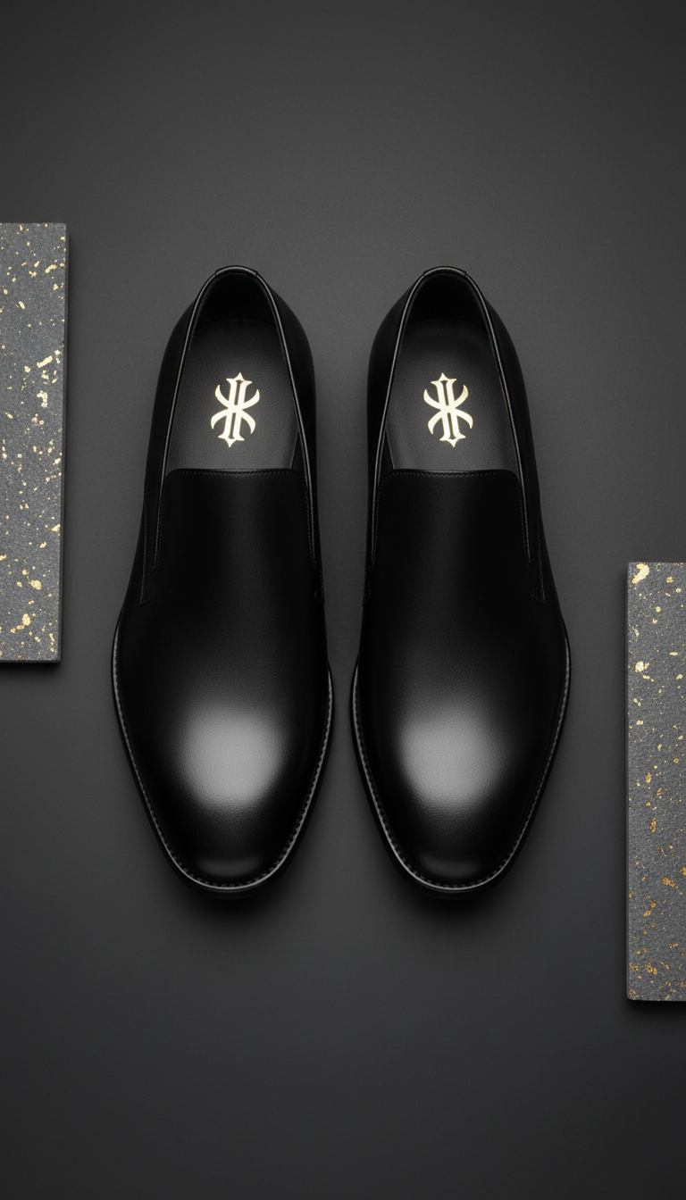 Matte-black Calfskin Dress Shoes with Gold Branding